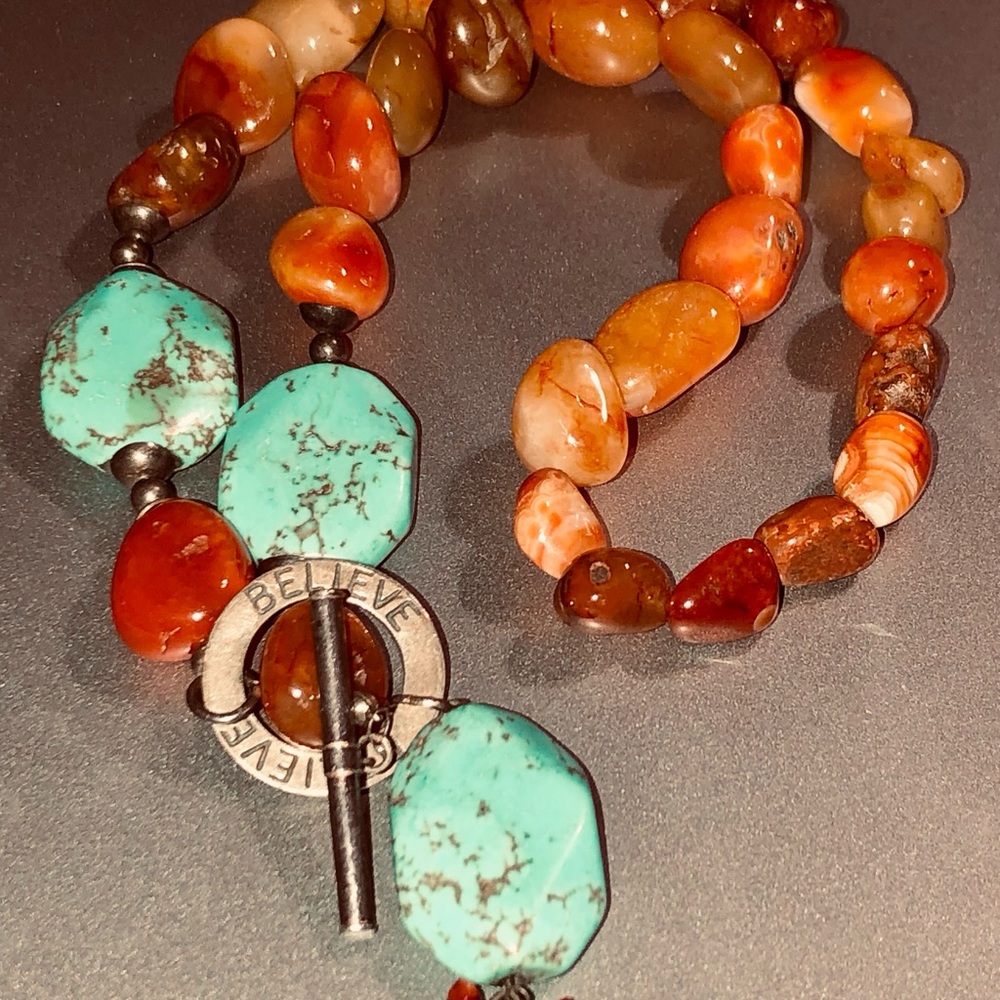 Vintage 925 12 inch tumbled orange & Turquoise Beaded Necklace with Toggle Clasp